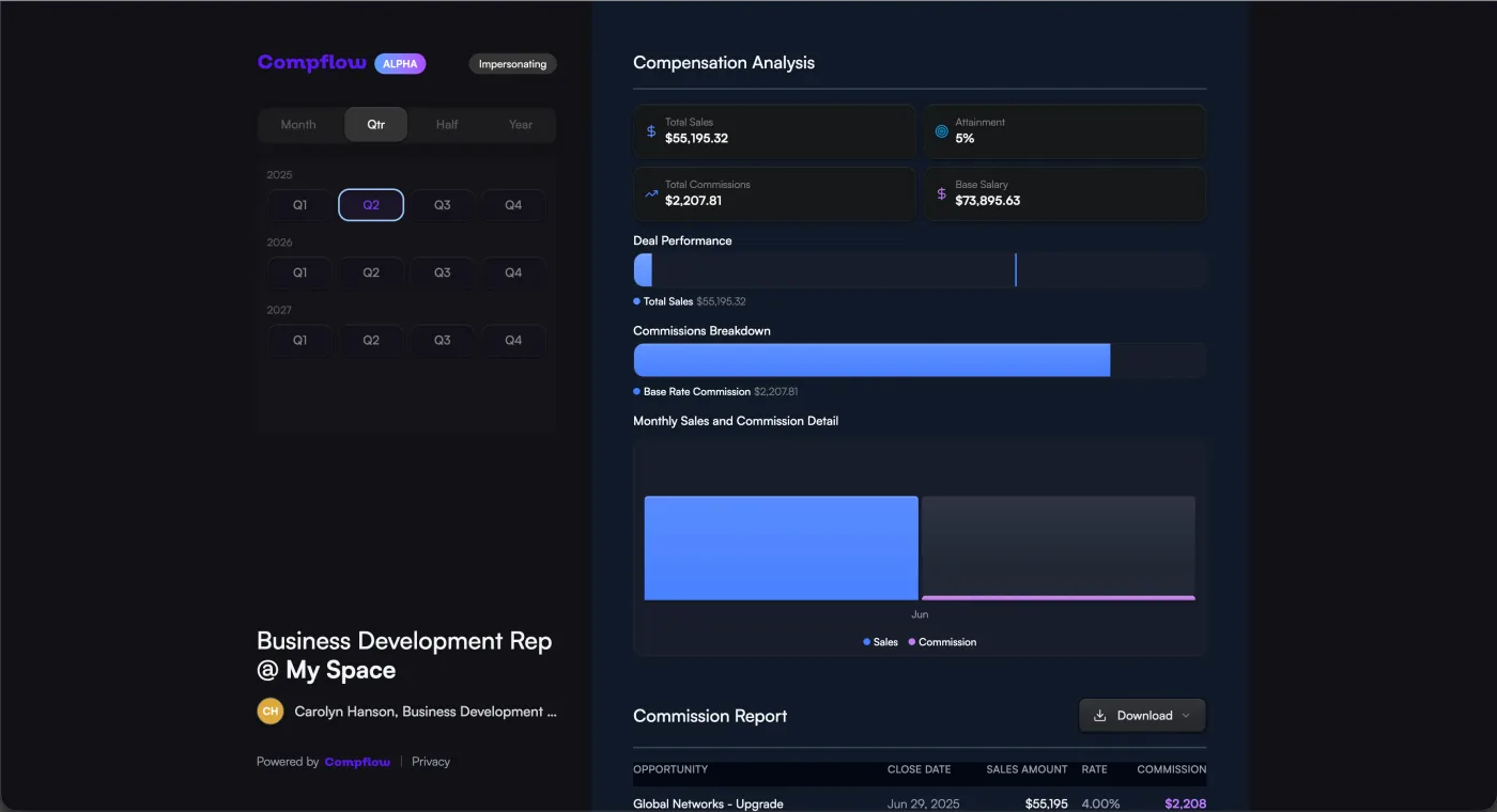 Compflow Seller Portal — a rep's live view of deals and payouts