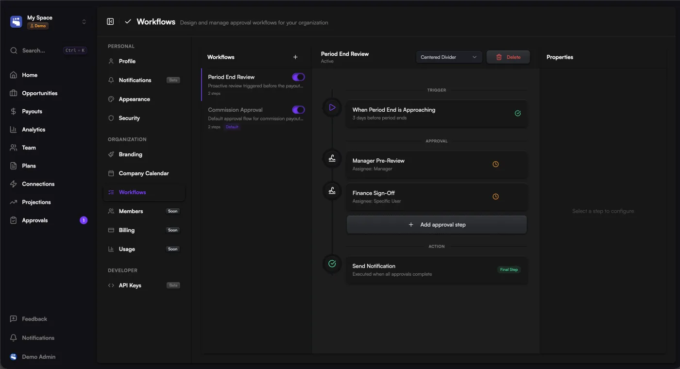 Compflow Workflows — approval routing for commission changes